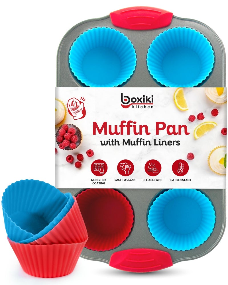 Boxiki Kitchen Non-Stick Steel 6 Cup Muffin Pan with Silicone Handles and Reusable Liners - Perfect for Baking Large Muffins and Cupcakes - Image 1